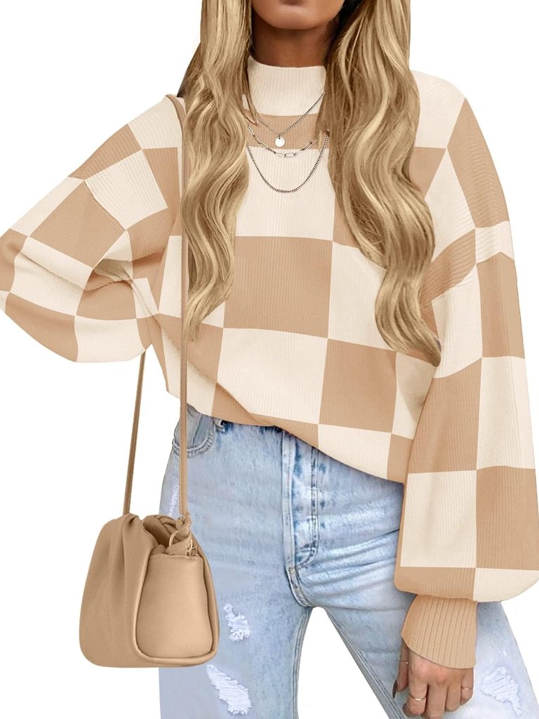 Women's 2026 Fall Fashion Turtleneck Long Sleeve Striped Ribbed Knit Loose Pullo